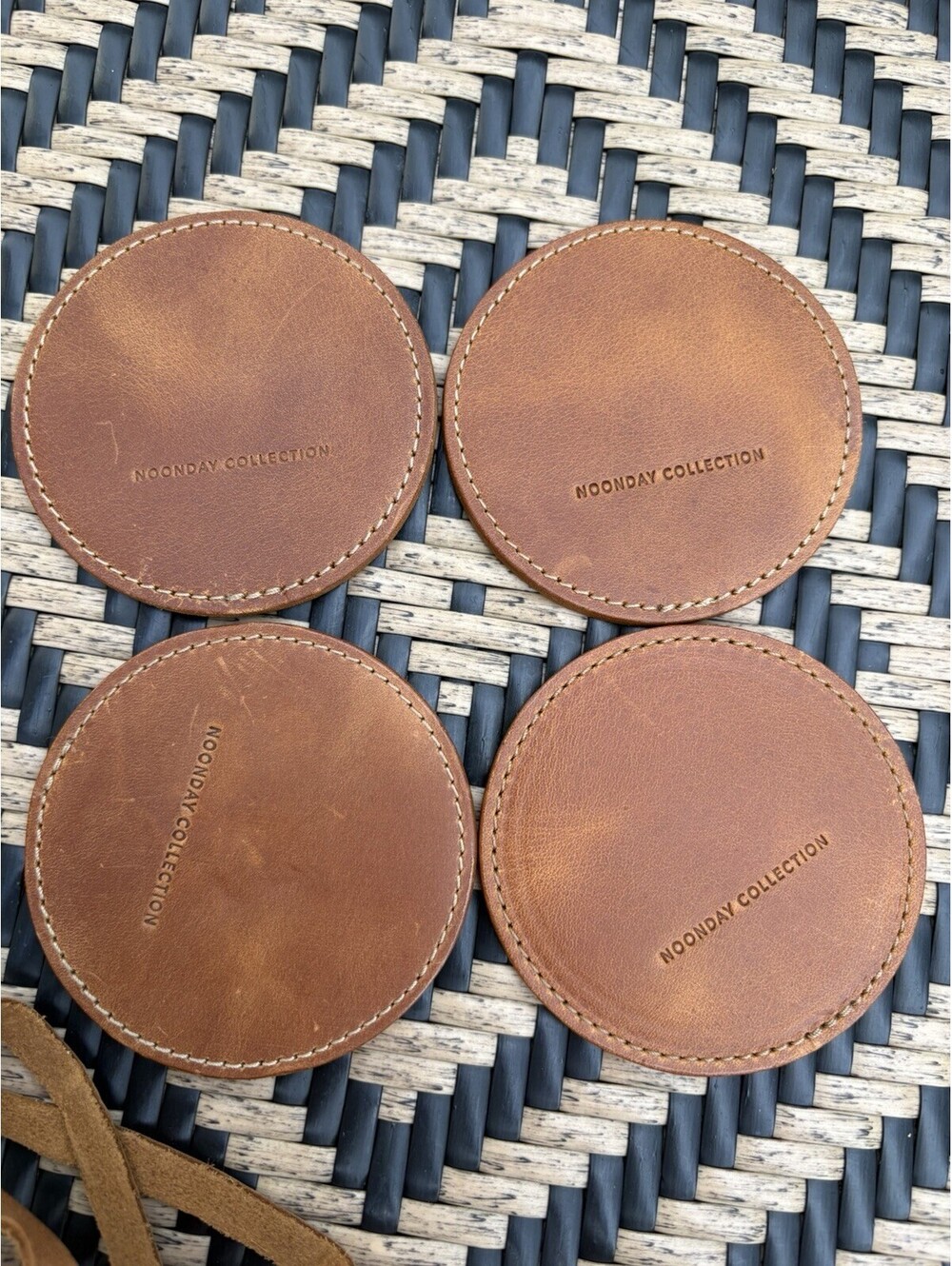 Noonday Collection Brown Leather Round Reusable Coaster Set, 4pc, 4 in
